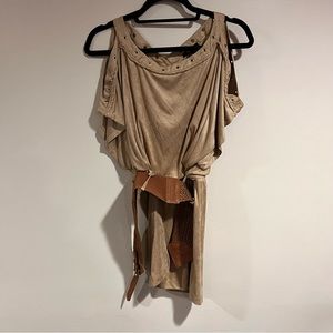 Tan beige suede dress with waist belt